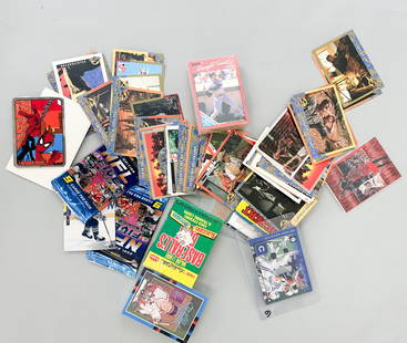 Vintage Basketball, Baseball and Football Cards, Wax Packs, Superman Stickers, Jurassic Park Cards: 1950Floyd Baker Bowman baseball, Superman stickers Jurassic Park cards, , 1988 Fleer baseball, Desertstorm wax packs, 2021 NFL Panini football wax packs, baskeball cards with Michael Jordan