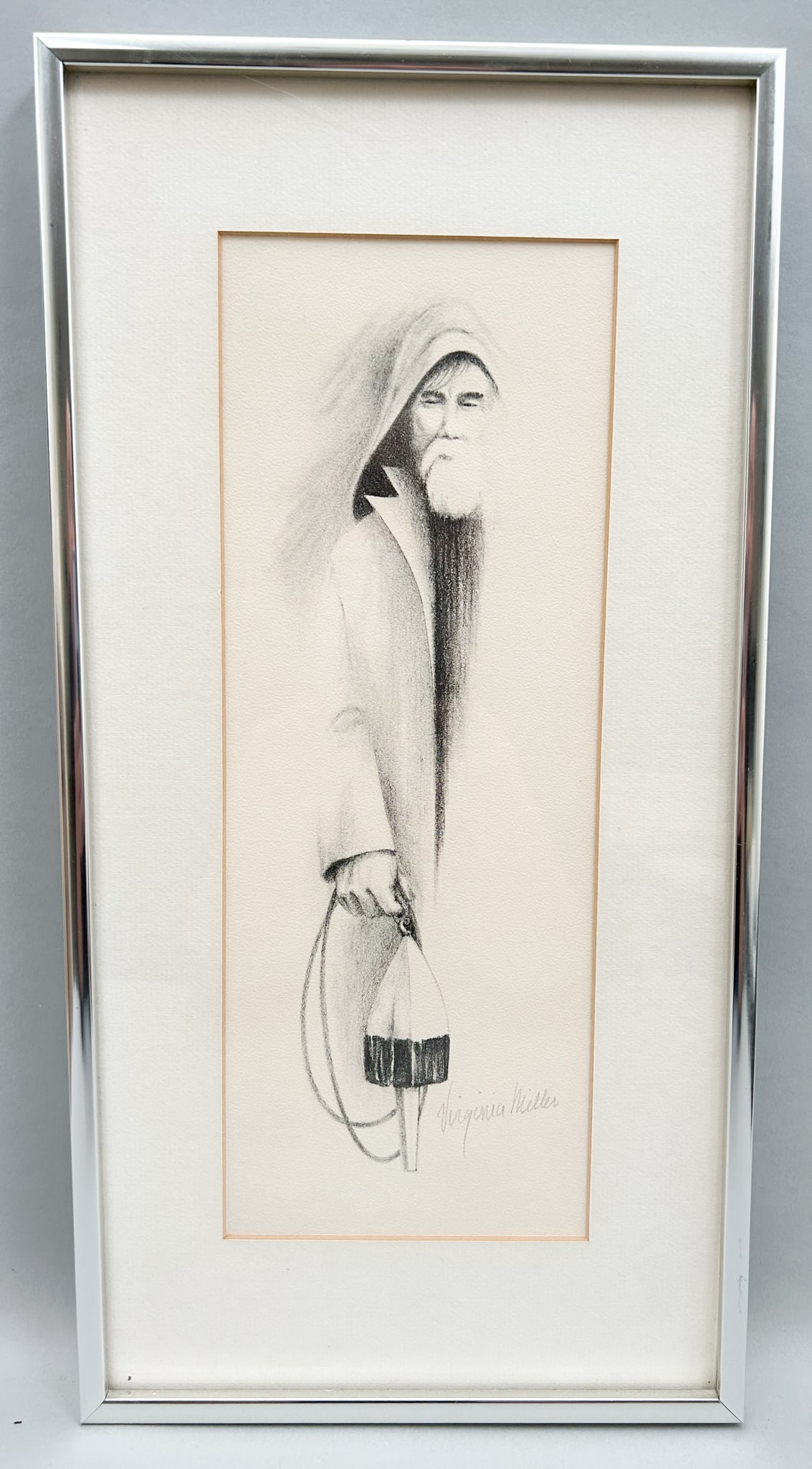 The Old Fisherman'' by Viginia Miller, Charcoal on paper: ''The Old Fisherman'' signed by Virginia Miller, charcoal on paper and framed, frame size 16.25"l x 8.25"w, sight size 12"l x 4.5"w