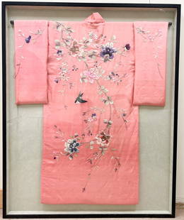 Vintage Japanese Silk Kimono Mounted in Shadow Box Frame: Vintage Japanese floral embroidered silk kimono mounted in shadow box frame, frame size 55"h x 45.25"w x 2.25"d and kimono size 47"h x 38"w