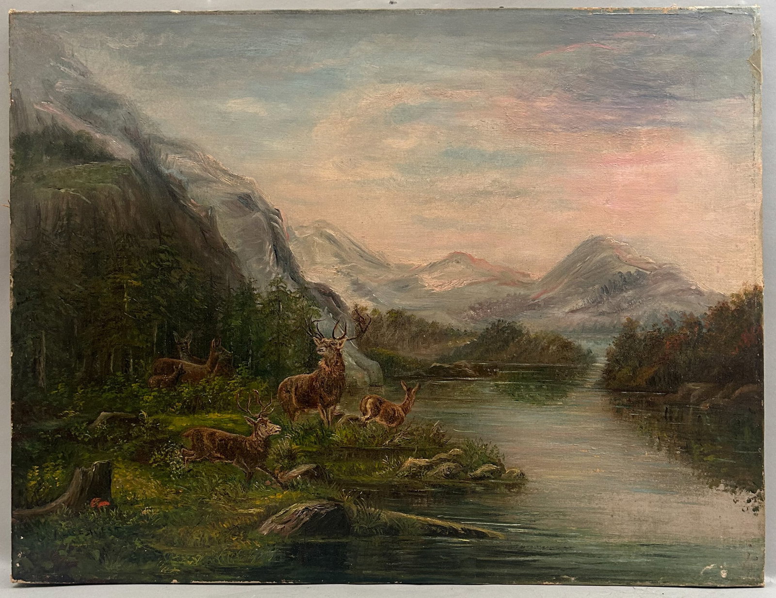Vintage Oil on Canvas Riverscape Painting, Signed by Alice: Oil on canvas, deers in riverscape, signed by Alice, sight size 20"l x 26"w