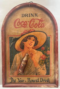 Vintage Hand Painted Wooden Coca  Cola Sign: Vintage hand painted wooden Coca Cola sign, woman holds a 3D bottle of Coca Cola, unsigned, frame size 35.75"l x 24"w