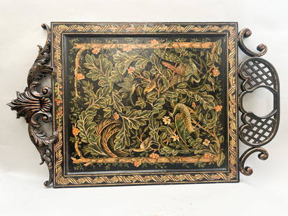 Vintage Chinoiserie Hand Painted Wooden Wall Decor: Vintage Chinoiserie hand painted wooden wall art decorated overall with birds, tree and floral motifs in green and gilted gold tones, marked made in China, 40"l x 24"w