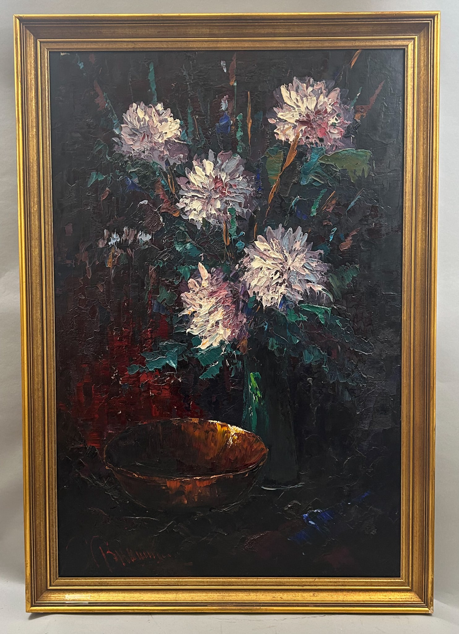 Large oil on Canvas Floral Impressionist Painting: Impressionist Floral Painting of Oil on Canvas, illegibly signed, frame size 39.25"l x 27.5"w and sight size 35"l x 27.5"w