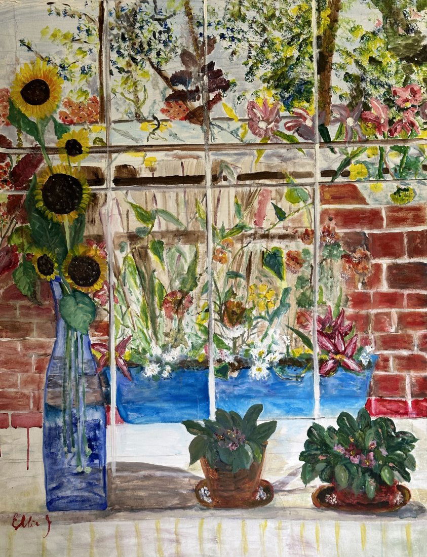 Large Vintage Still Life View of Flowers Table View Out a Window by Ellis J (1 of 8)