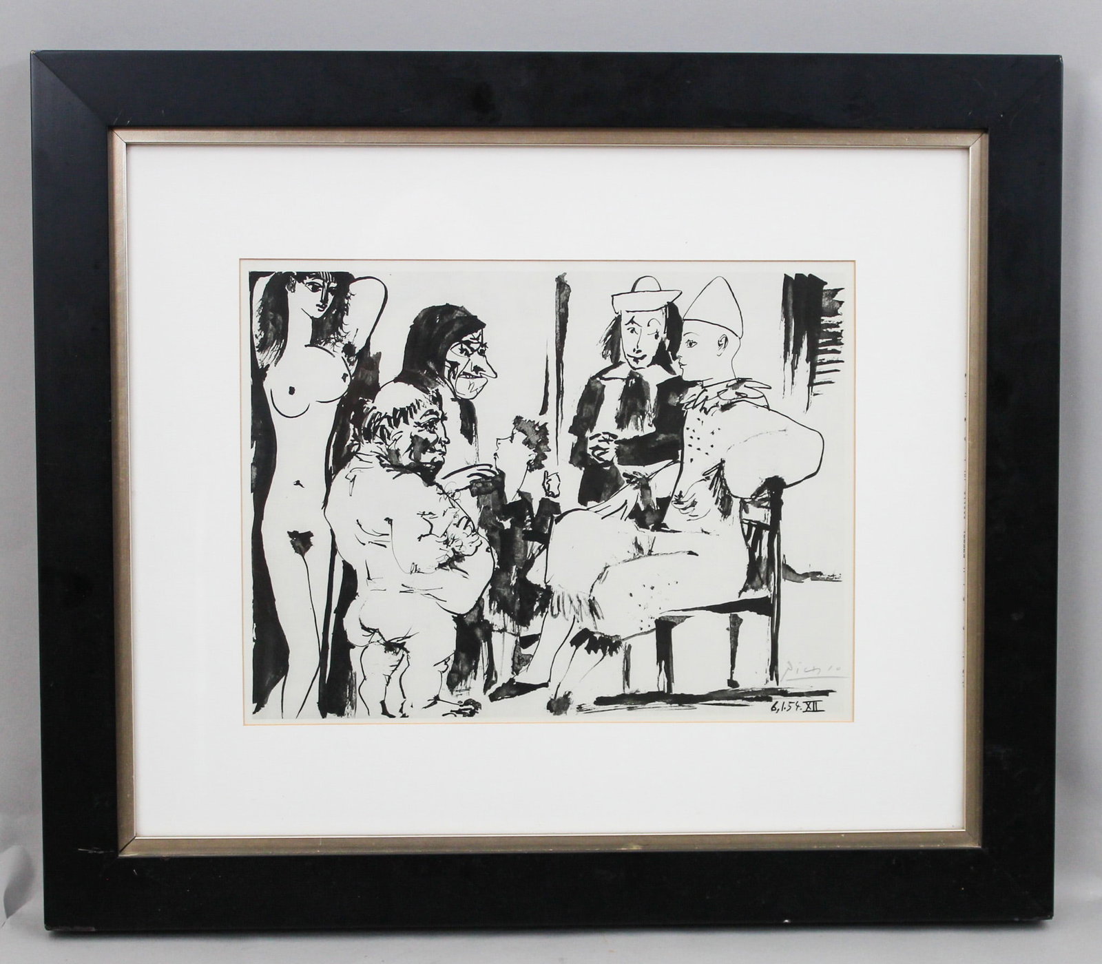 Pablo Picasso Heliogravure Print on Paper "Nude and Clowns" with COA: Pablo Picasso heliogravure print on paper "Nude and Clowns", pencil signed 6,1.5.XII lower right with COA from National Art Guild on verso, framed under glass, 9.5"h x 12.5"w (sight) 18.5"h x 21.5"w x