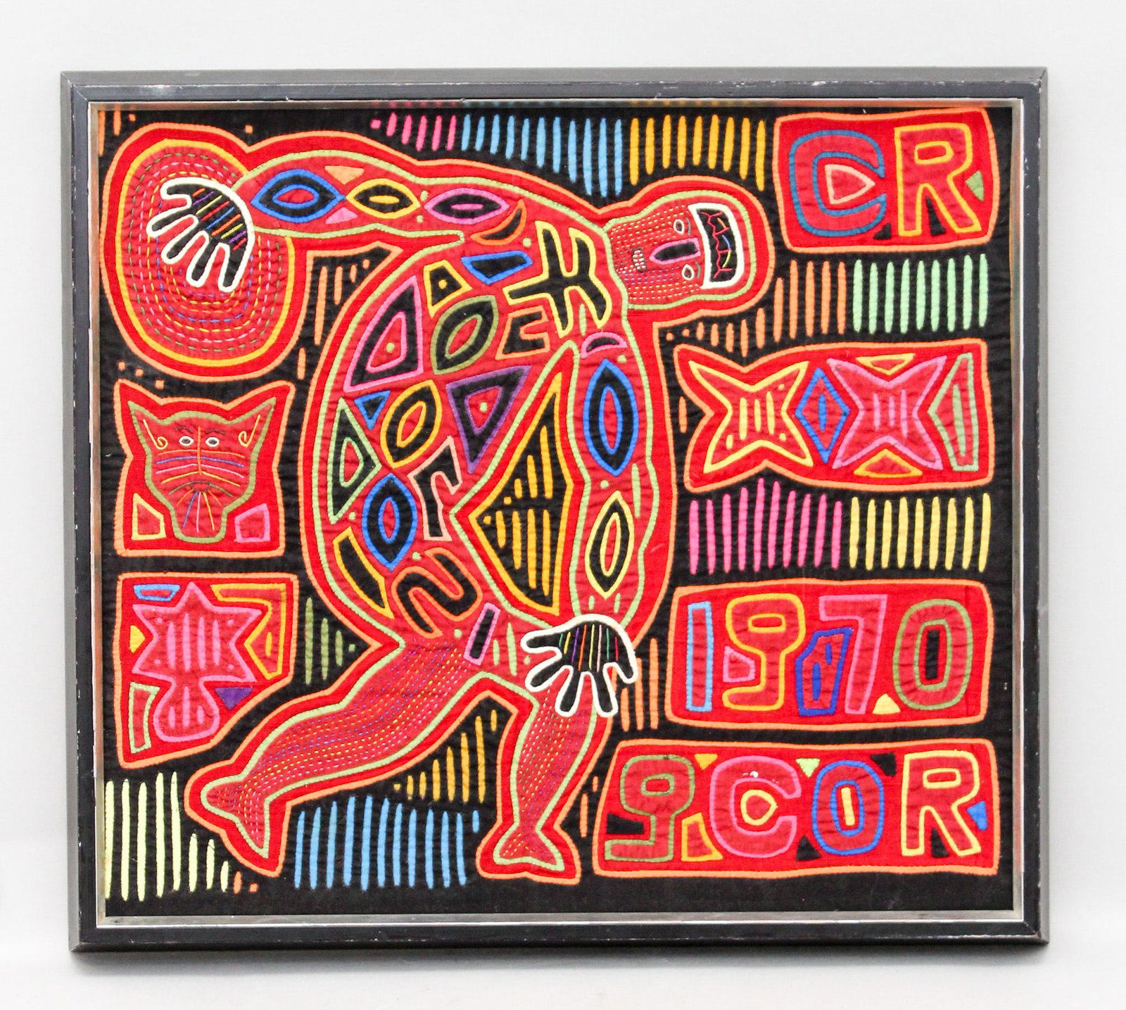 Quilted Wall Panel in Graffiti Style Signed G.Cor 1970: Quilted wall panel in graffiti style with letters C.R upper right, signed lower right G. Cor, 1970, framed, 15"h x 17"w (sight), 16.5"h x 18.5"w x 1.5"d (frame)