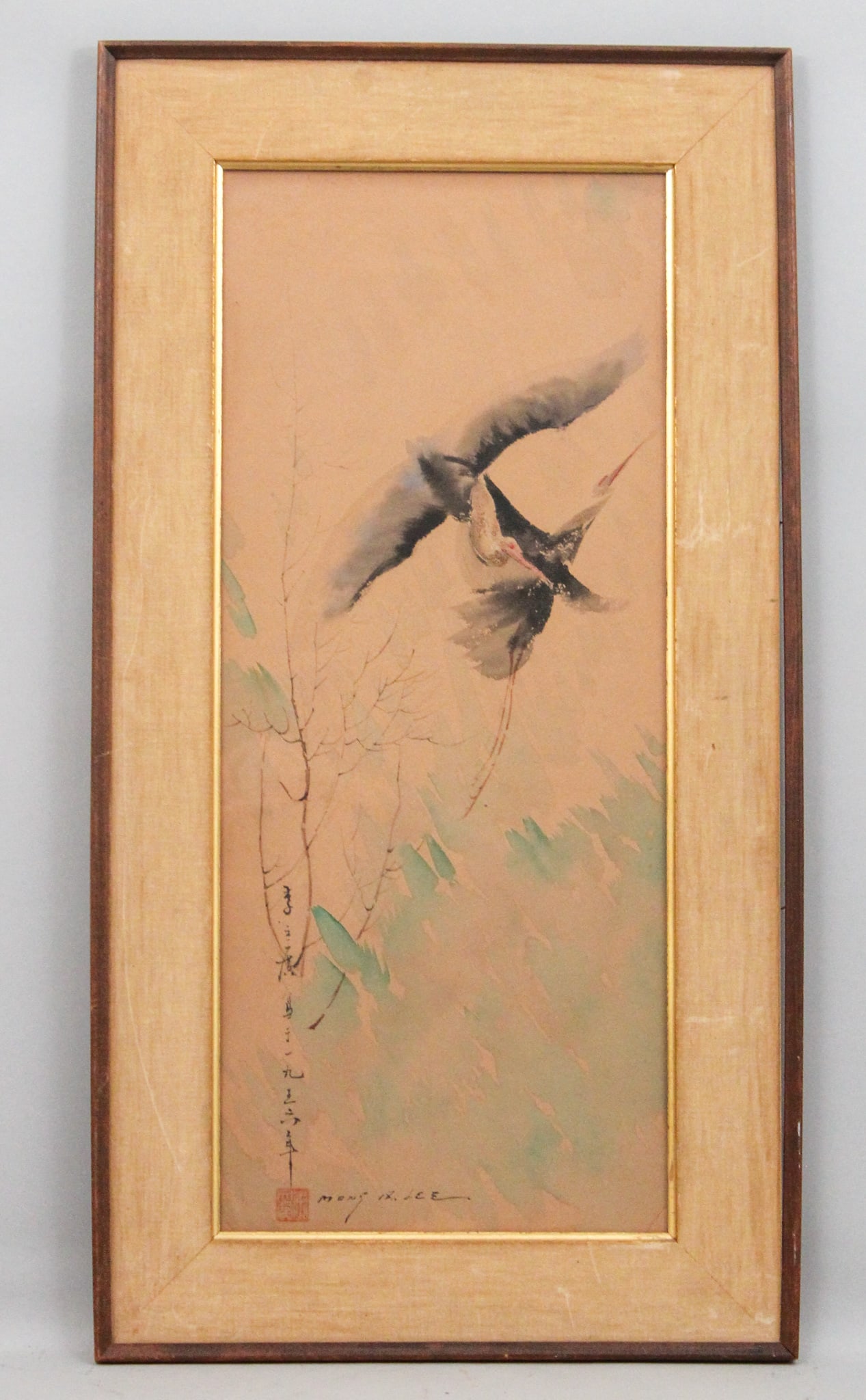 Mong Lee (China/America, 1923-1960) Watercolor "Two Cranes" Scene: Mong Lee (China/America, 1923-1960) watercolor on paper "Two Cranes" scene, signed lower left, framed, under glass, label on verso, 23"h x 10"w (sight) 29"h x 15.25"w (frame)