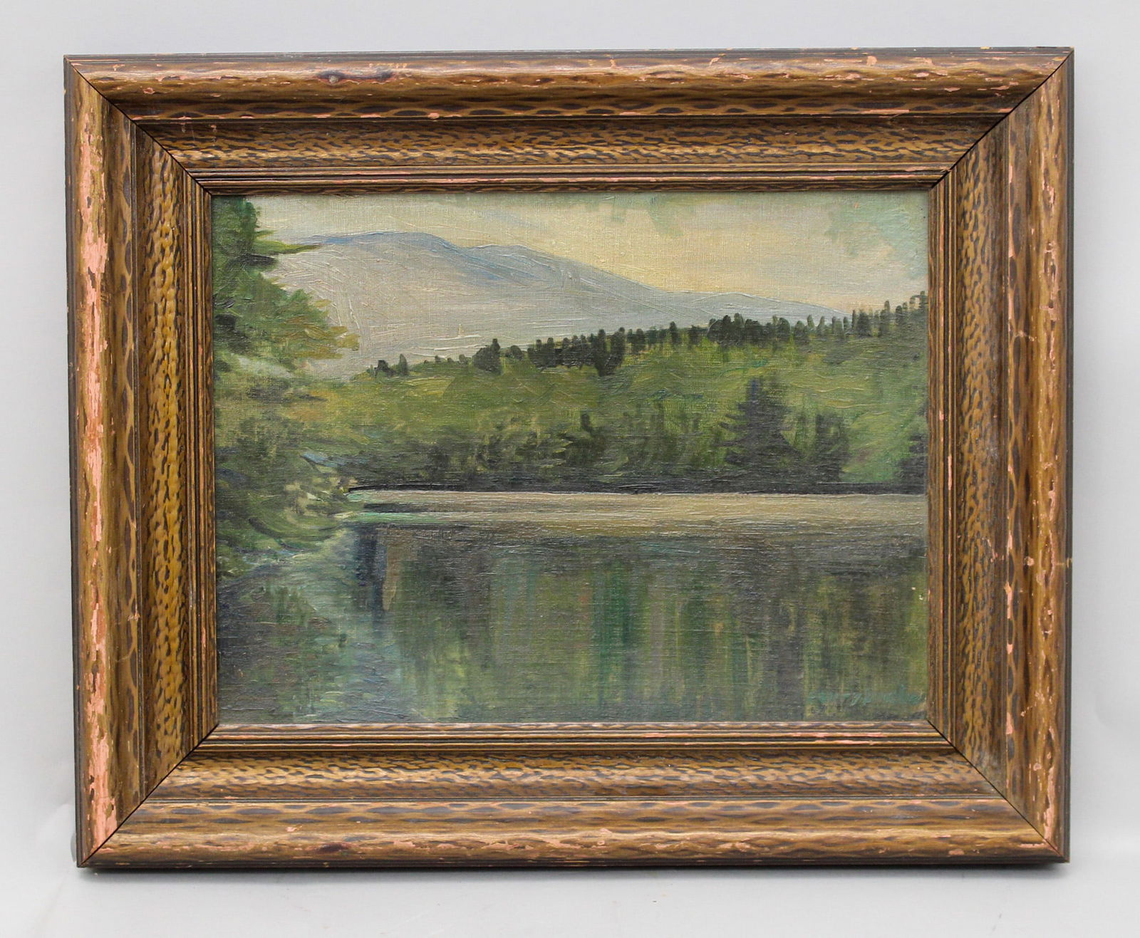 Vintage Country Scene with Lake and Mountain Oil on Canvas (1 of 5)