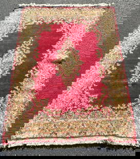 Vintage Floral Red Kirman Persian Traditional Handmade Wool Rug: Floral red Kirman style, traditional handmade wool dining room rug, 72"h x 53"w
