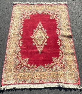 Vintage Floral Red Kirman Persian Traditional Handmade Wool Rug: Floral red Kirman style, traditional handmade wool dining room rug, 72"h x 53"w