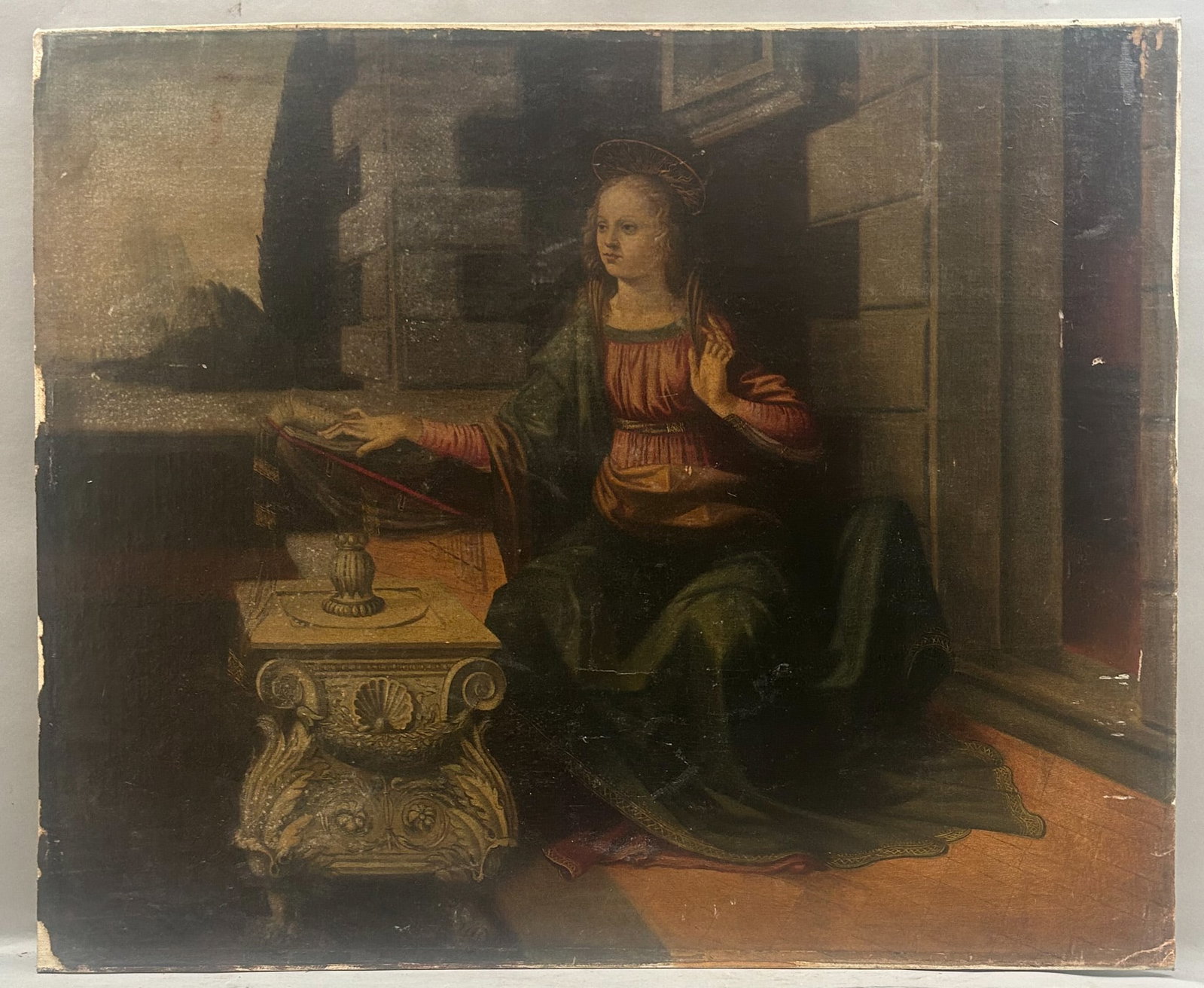 Mary From The Annunciation, After Da Vinci, Oil on Canvas, Unsigned: Oil on canvas painting depicting Mary from the Annunciation, After Leonardo Da Vinci, unsigned and unframed, sight size 20"l x 24"w