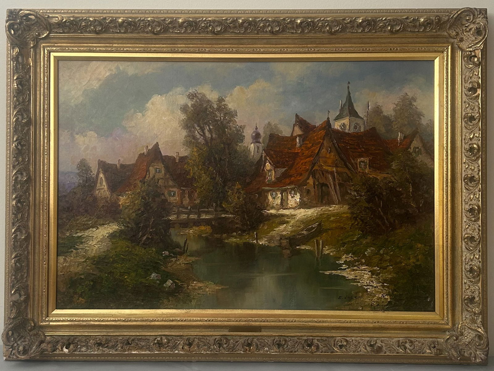 Ernst Jugel, Germany 1913, German Village, Oil on Canvas with Frame, Signed (1 of 10)
