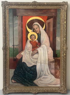 Large Oil Painting of Mary and  Baby Jesus Hand Painted on Board, Style of Nella Genkina: Large art deco religious oil painting Mary and Baby Jesus, style of Nella Genkina, hand painted on board with gold frame, painting signed on the right lower corner by Nella, frame size 41.5"l x 29.5"w