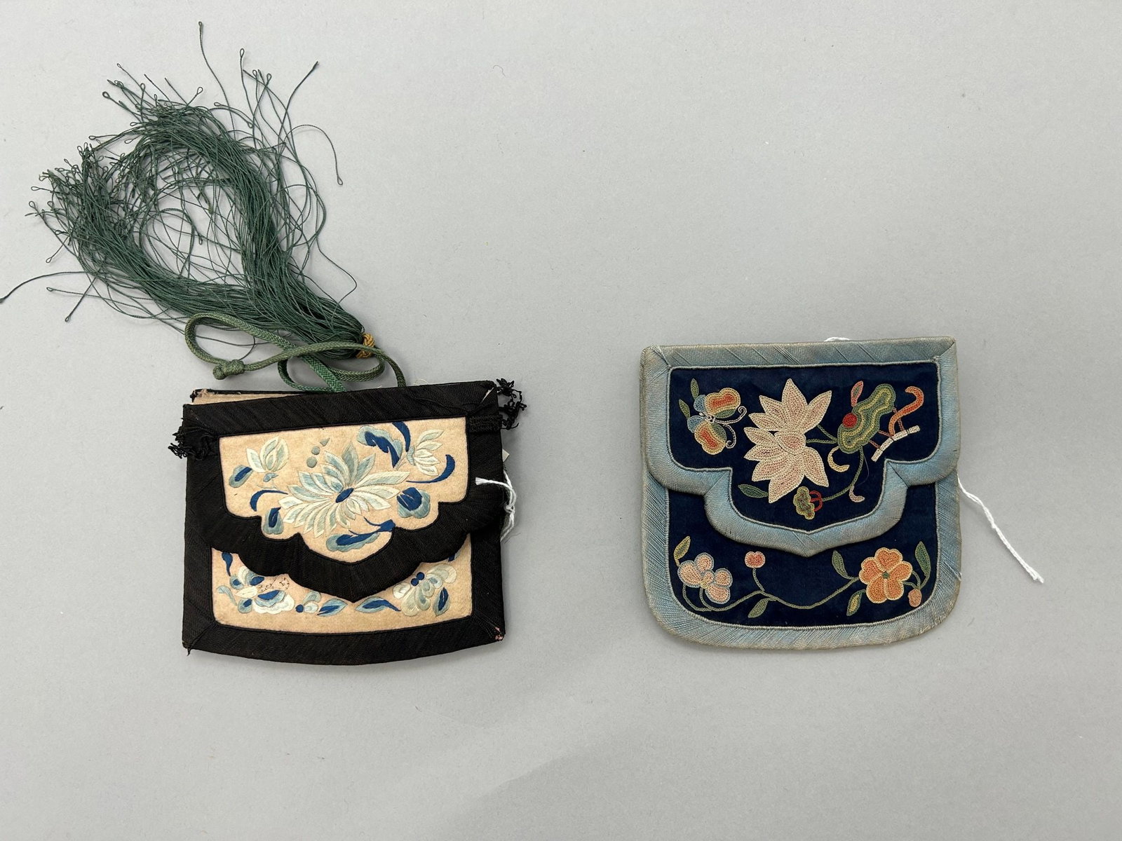 A Group of (2) Chinese Qing Dynasty Handmade Embroidered Silk Belt Coin Purse, 19th Century: A Group of (2) Chinese qing dynasty, handmade embroidered silk belt coin purse, 19th century, 4.5"length x 4.5"width larger one, 4.5"length x 4"width smaller one