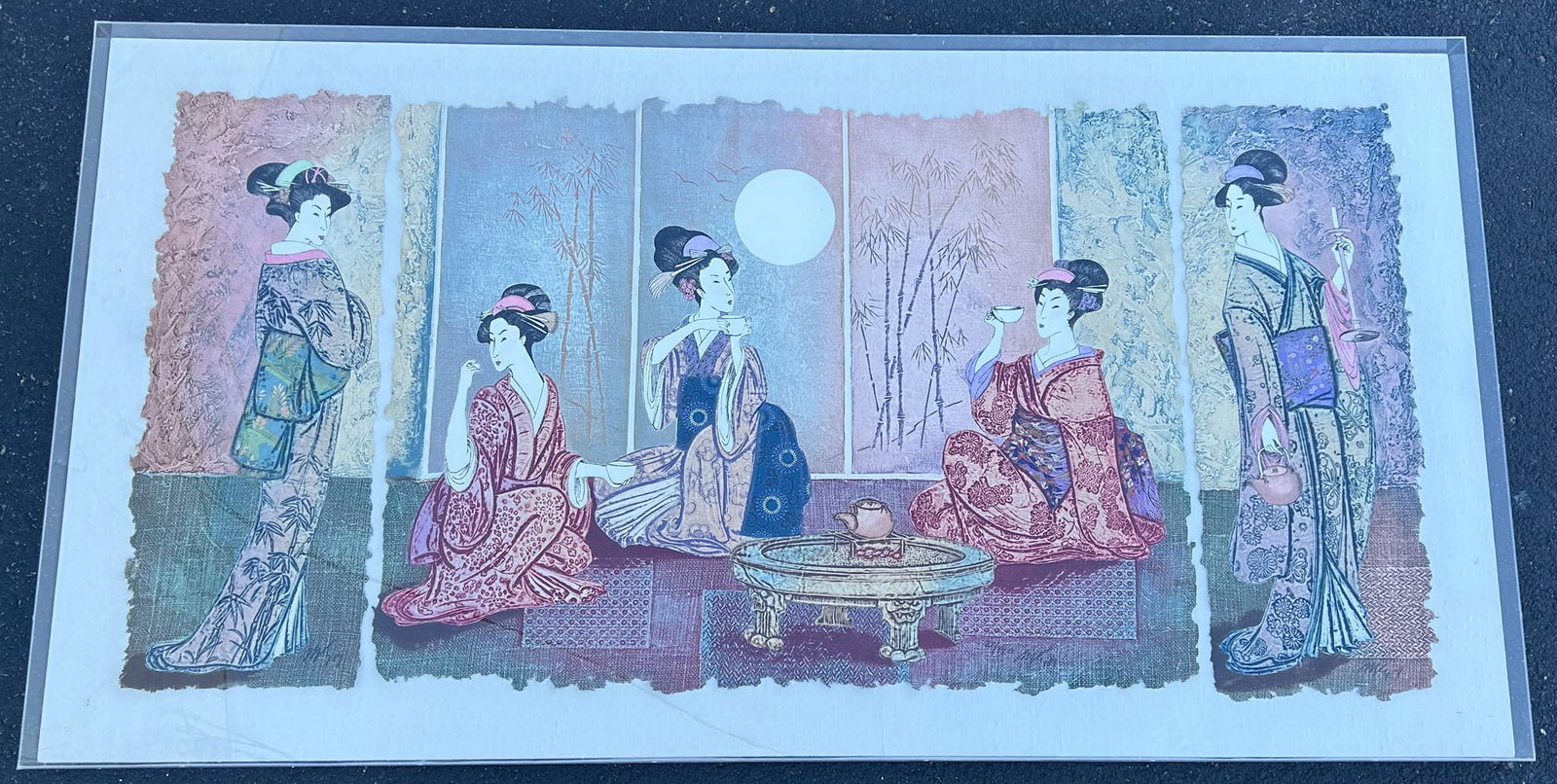 Vintage Japanese Tryptich Painting on Paper, Mounted in Shadow Box Frame (1 of 4)