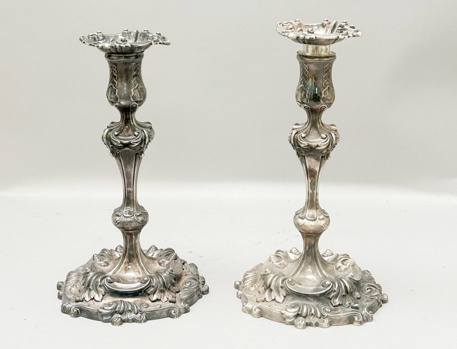 A pair of Tiffany & Co Makers Silver Soldered Candle Holder: A pair of Tiffany & Co Makers silversoldered candle holder, 10"h x 6"w x 6"d