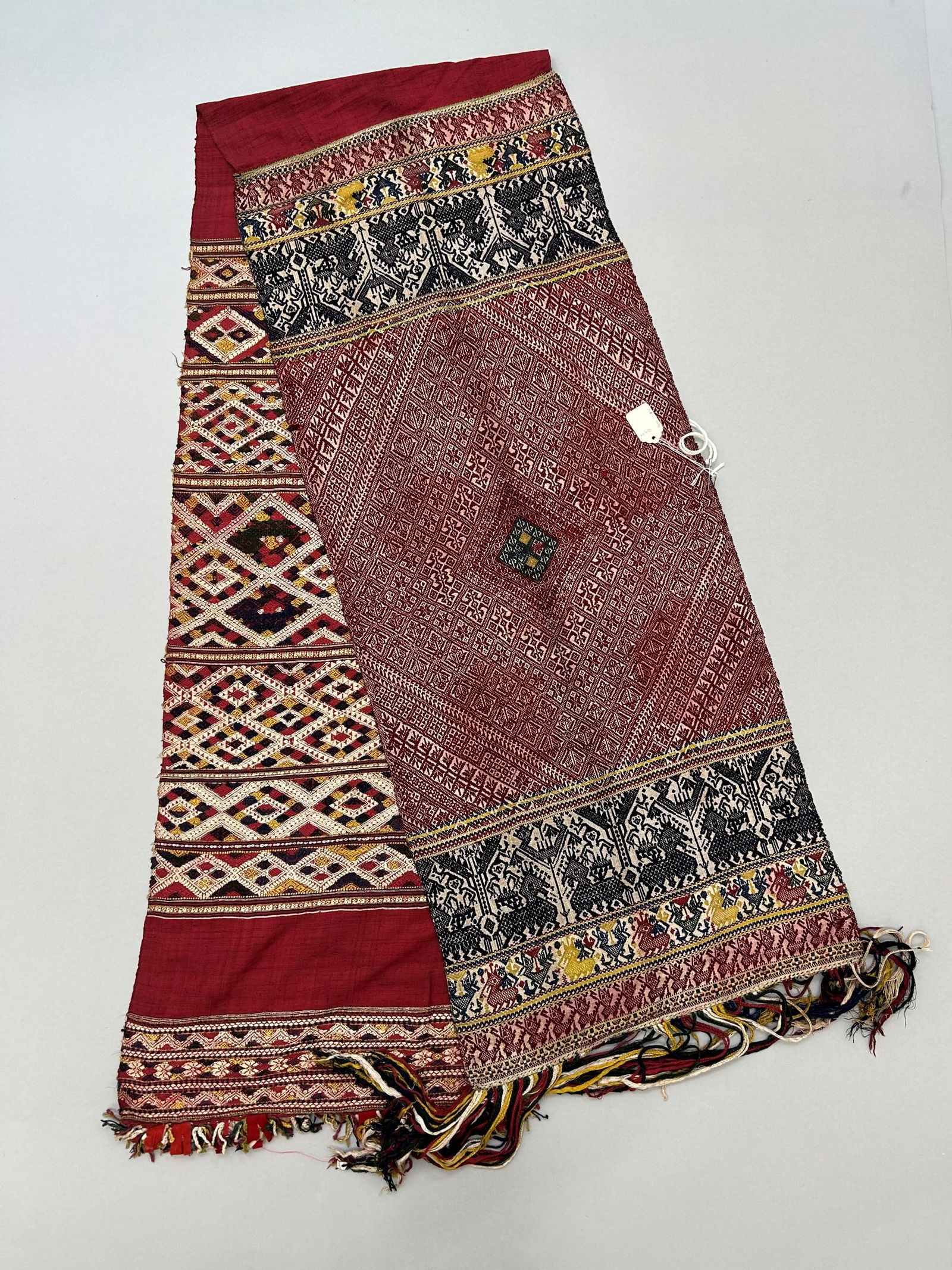 N. Laos Embroidery Cotton Silk Brocade Shawl with Fringes: N. Laos Embroidery Cotton Silk Brocade Shawl with Fringes, 86"l X 16"w (96"l X 18"w with fringes) Provenance: From the estate of Dr. Philip Gould , New York