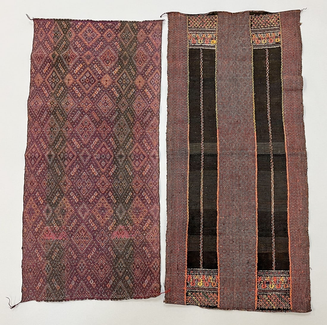 Khumi Chin Hill Tribe, Myanmar (Burma), Group of (2) Vintage Textiles: Khumi Chin Hill Tribe, Myanmar (Burma), group of (2) vintage woven cotton "Akhin" ritual-dance breast covers, with muted color embroidery, 28"l x 13"w, 26"l x 12"ww Provenance: From the estate of Dr. 