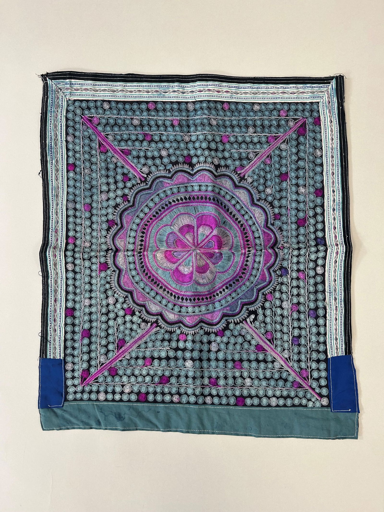 Exemplary South China Yunnan Embroidery Cotton Textile Specimen: Exemplary South China Yunnan Embroidery Cotton Textile Specimen, 19.5"l x 17"w Provenance: From the estate of Dr. Philip Gould , New York