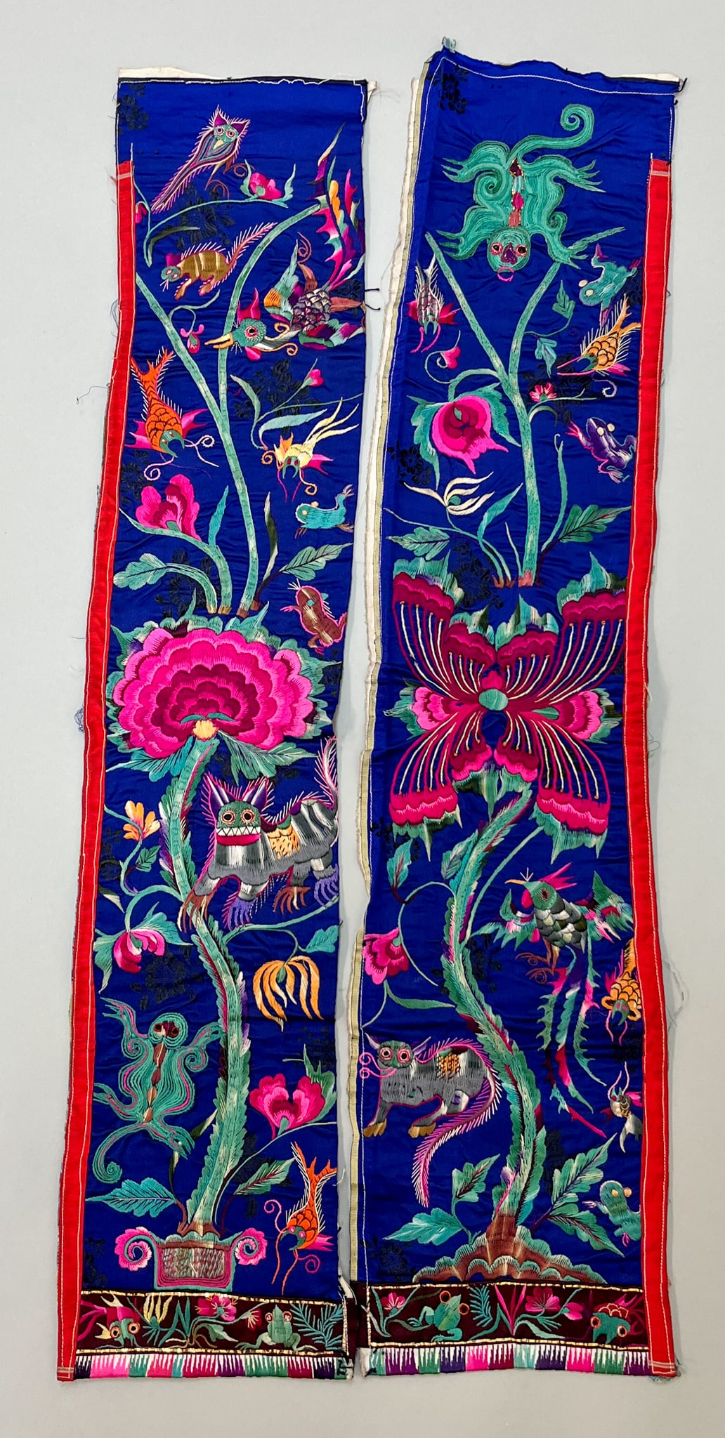 Yunnan Province, Southern China, Group of (2) Vintage Silk Embroidery Textile: Possibly Yi People, Yunnan Province, Southern China, group of (2) vintage silk embroidery components with colorful flowers, and animals symbolizing triumph over evil, fertility or life without beginni