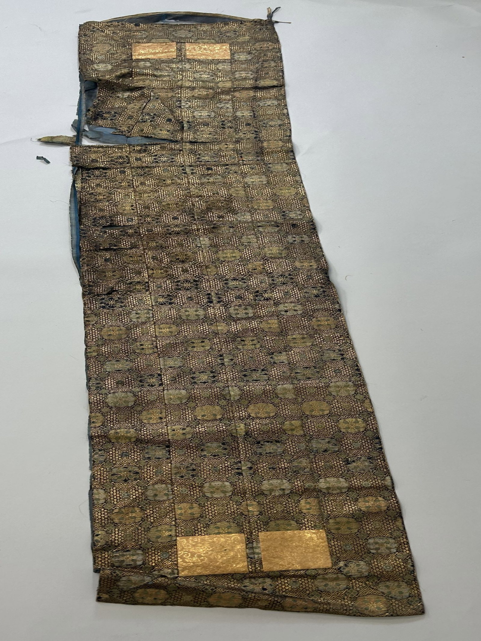 Antique Japanese Silk Brocade with Metallic Gold Threads: Antique Japanese Silk Brocade with Metallic Gold Threads, 62"l x 11.5"w Provenance: From the estate of Dr. Philip Gould , New York