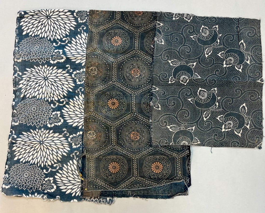 Japan, Meiji Era (1868 to 1912), Group of (3) Cotton Textile Remnants: Japan, Meiji Era (1868 to 1912), group of (3) cotton textile remnants, one with chrysanthemum flower pattern, 47"l X 12"w, one with apple like pattern, one with medallion pattern, 44"l x 12"w Provenan