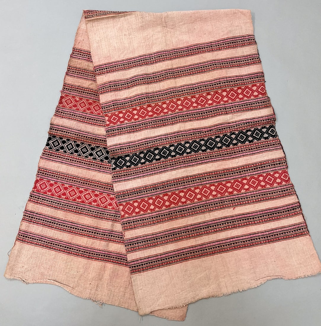 North Laos, Vintage Woven Cotton "Sabai" Shoulder Cloth: North Laos, vintage woven cotton "Sabai" shoulder cloth, pink ground embroidered with traditional assorted colors pattern, 66"l x 18"w Provenance: From the estate of Dr. Philip Gould , New York