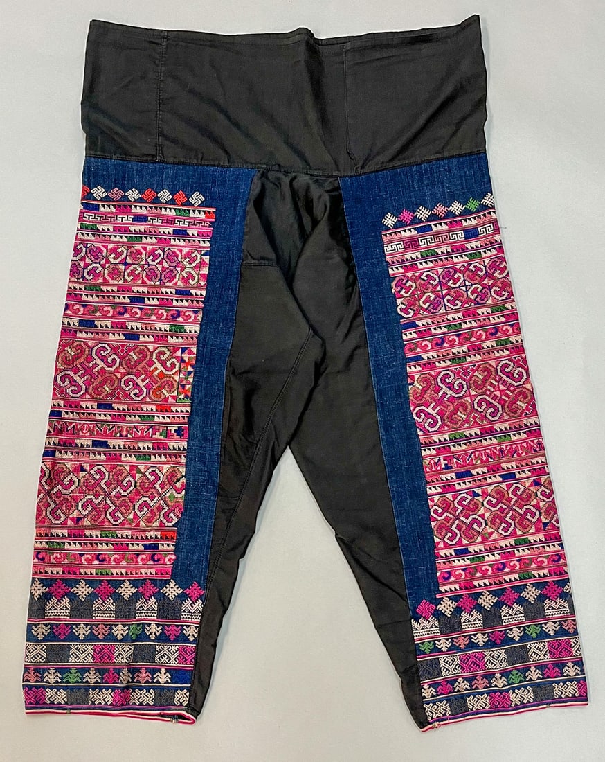 Yao Hill Tribe, China, Vintage Hemp Trousers with Colorful Silk Embroidery: Yao Hill Tribe, China, vintage hemp trousers with colorful silk embroidery, 37"l x 23"w Provenance: From the estate of Dr. Philip Gould , New York