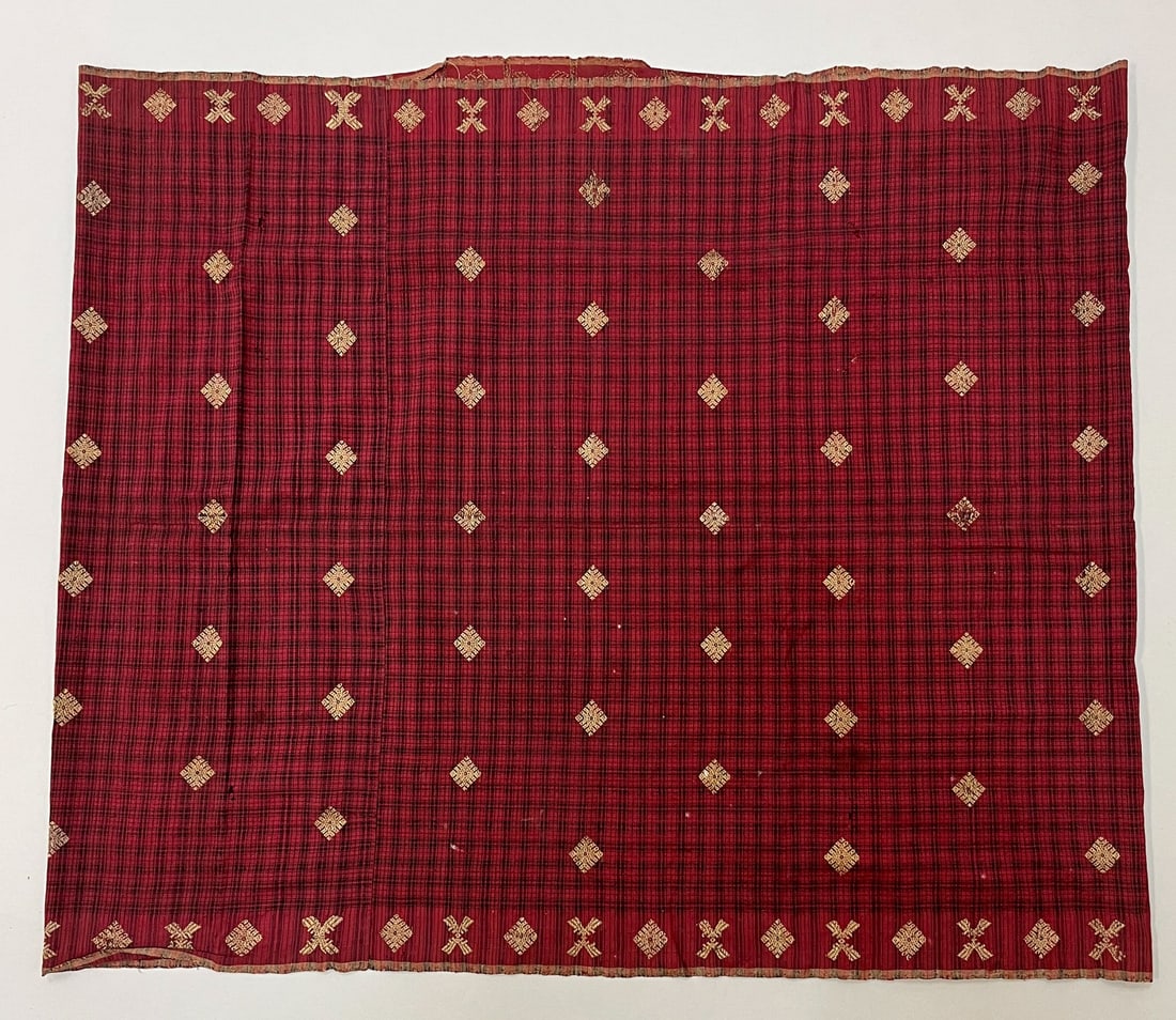 Terengganu, Malaysia, Vintage Silk "Longyi" Tubular Sarong: Terengganu, Malaysia, vintage silk "Longyi" tubular sarong, burgundy with check and geometric metallic embroidery pattern, 24"l x 29"w Provenance: From the estate of Dr. Philip Gould , New York