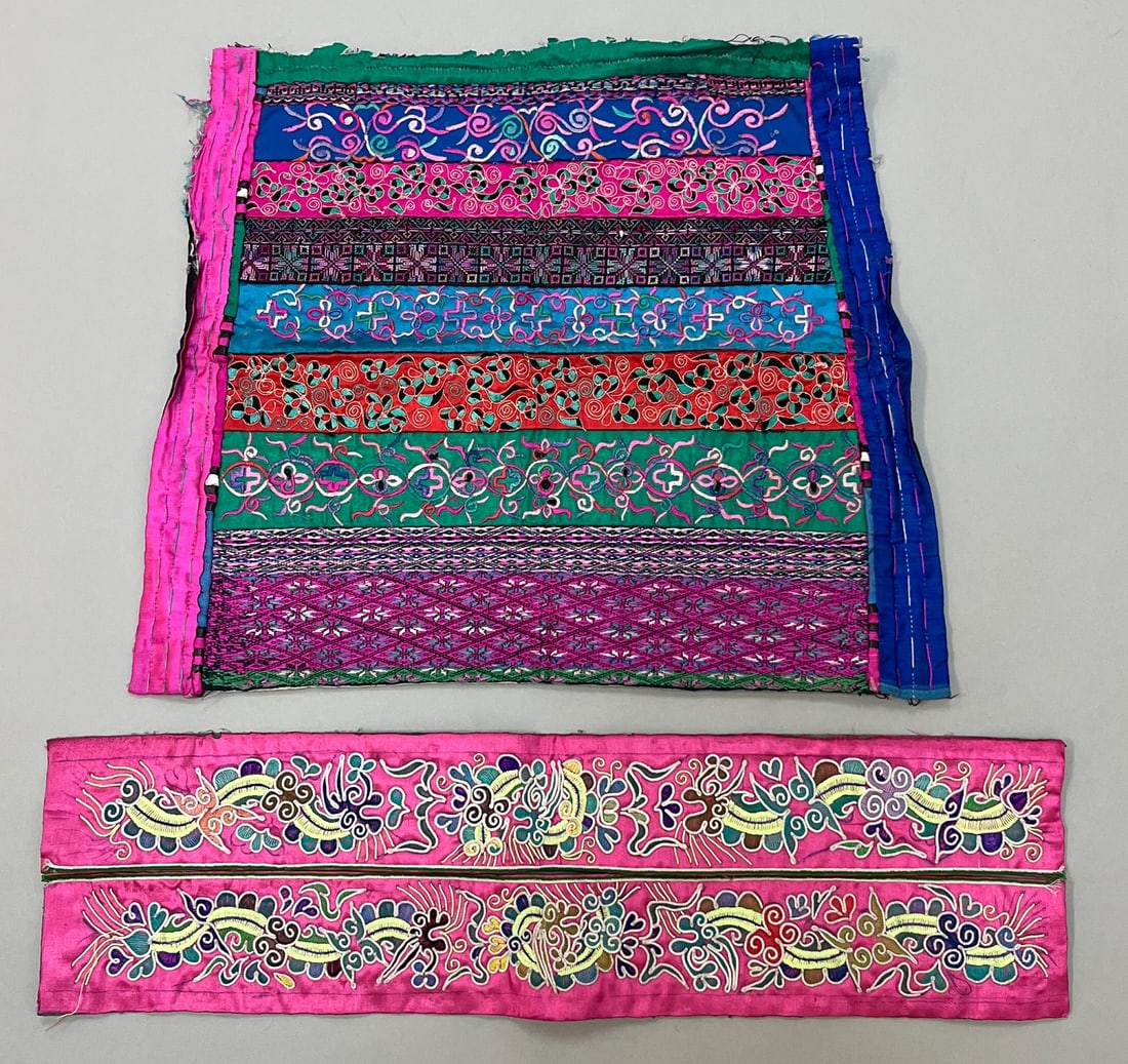 Hmong, Yunnan Province, Southern China, Group of (2) Vintage Silk and Cotton Embroidery Accessories: Hmong, Yunnan Province, Southern China, group of (2) vintage silk and cotton embroidery accessories with colorful pattern, 20"l x 6"w , 14"l x 16"w Provenance: From the estate of Dr. Philip Gould , Ne