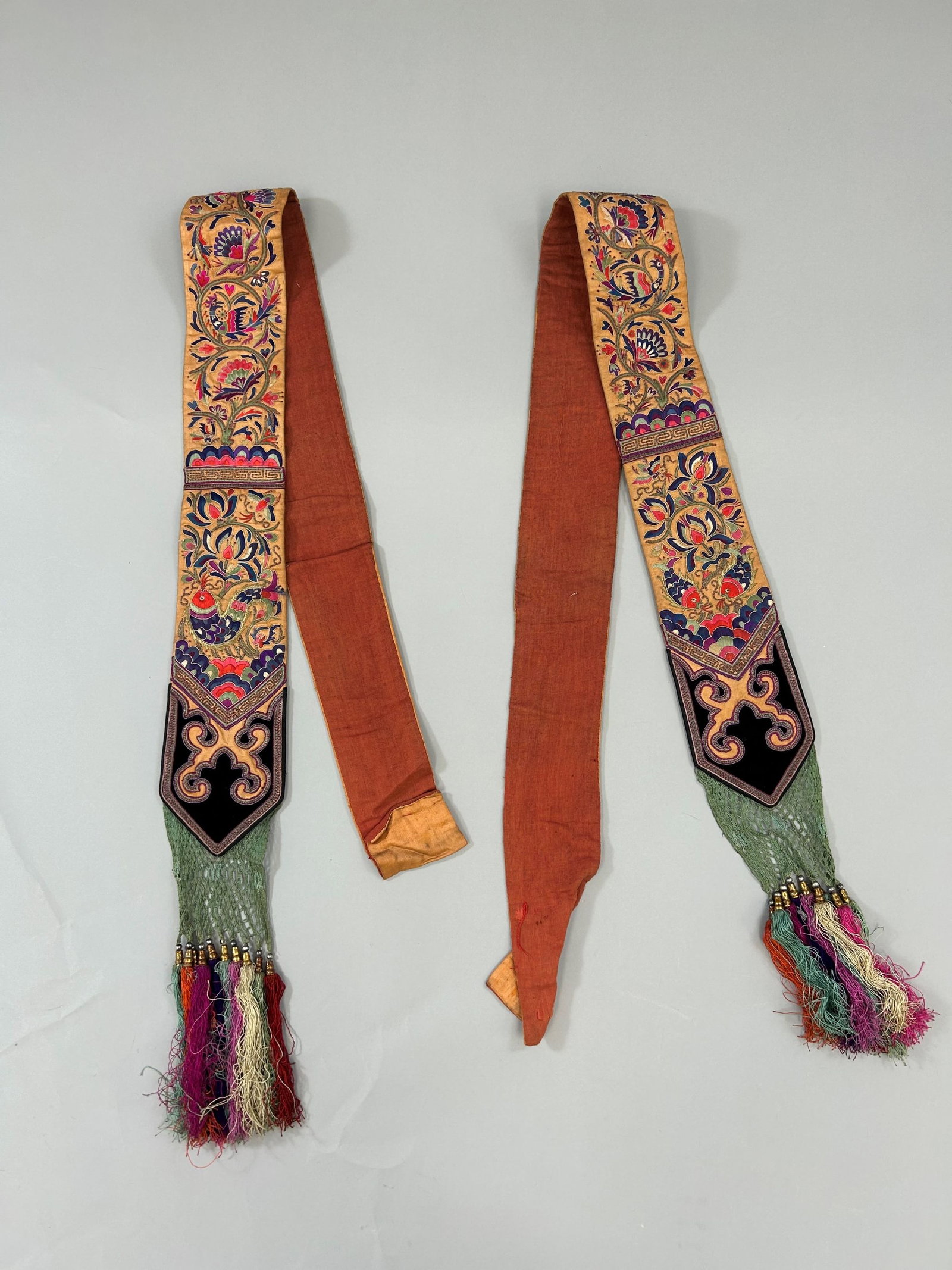 Chinese Embroidered Silk Belt: Chinese Embroidered Silk Belt, 57"l x 4'w Provenance: From the estate of Dr. Philip Gould , New York