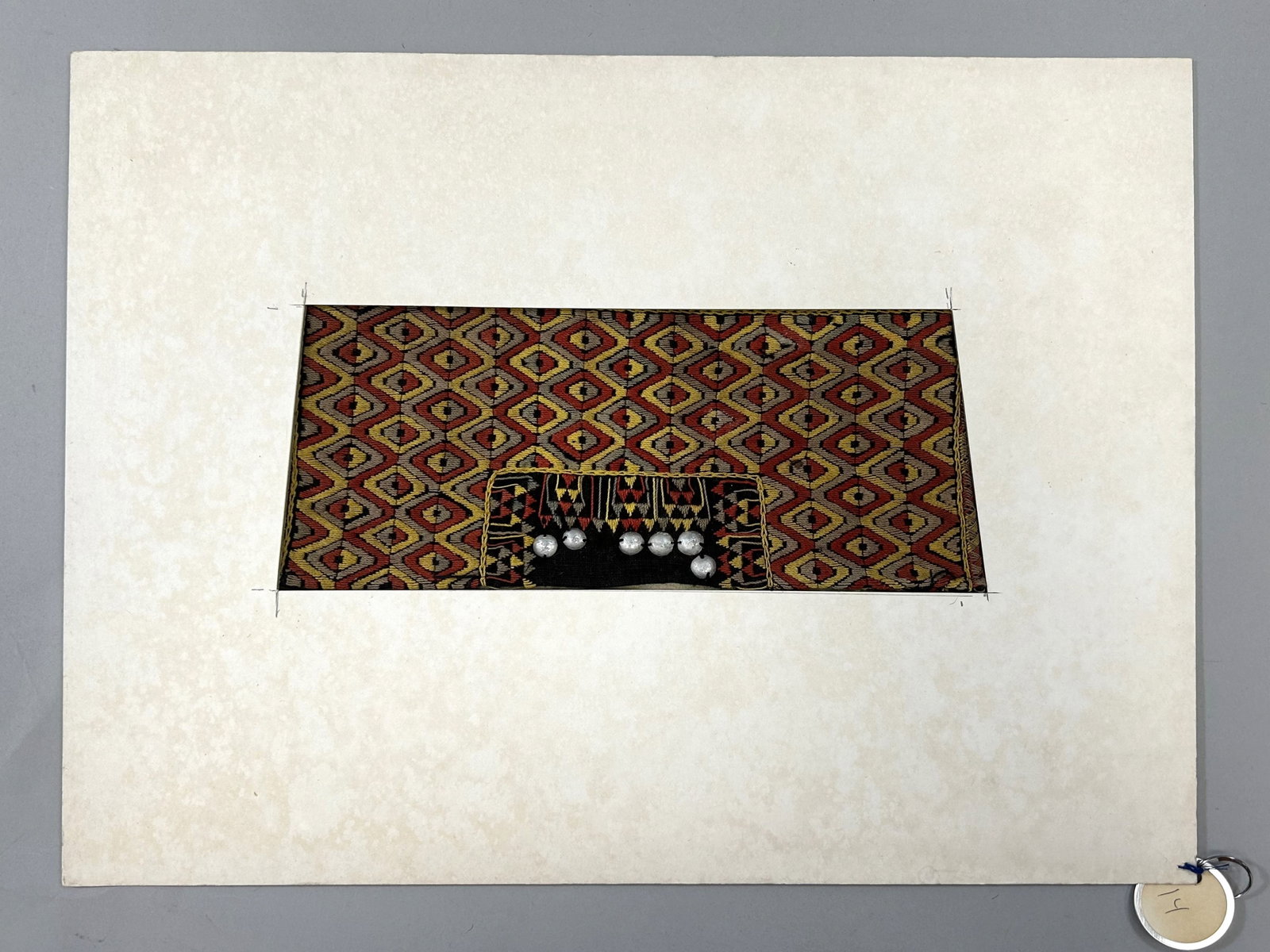 Taiwan Aboriginal Embroidered Matted Textile Fragment: Taiwan Aboriginal Embroidered and Beaded Textile Fragment, possibly matted for exhibited, approximately 9"l x 4"w Provenance: From the estate of Dr. Philip Gould , New York