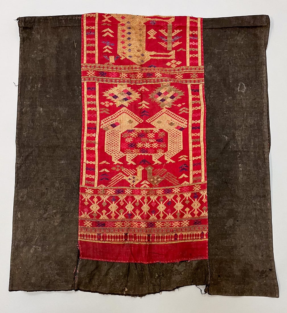 Laos, Vintage Cotton and Silk Embroidery with Animal Symbols Room Divider: Laos, vintage cotton and silk embroidery with animal symbols room divider, black and red band embroidery with earthly or spiritual motifs, metallic gold-tone thread accent, 63"l x 28"w Provenance: Fro