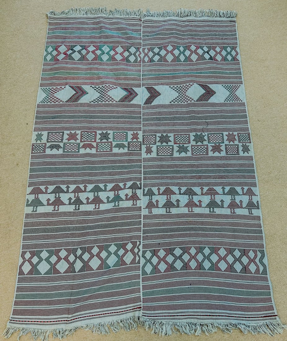 Nigerian Nupe Cloth: Nupe cloth, black, green and red on gray, Nigeria, West Africa, 71" x 50" PROVENANCE:From the estate of Professor Philip Gould, New York