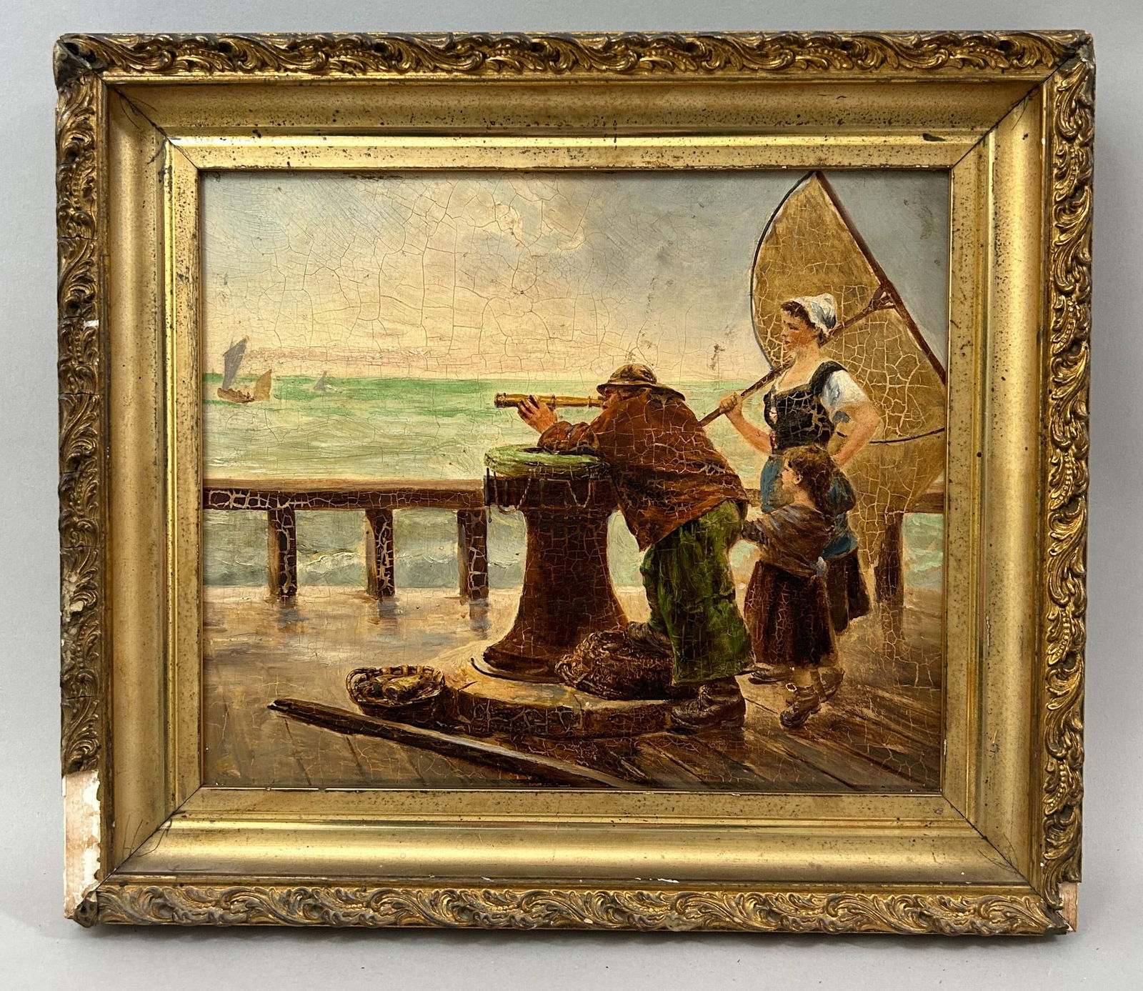 Antique Oil on Board Painting of A Fisherman and His Family Observing Boats (1 of 5)
