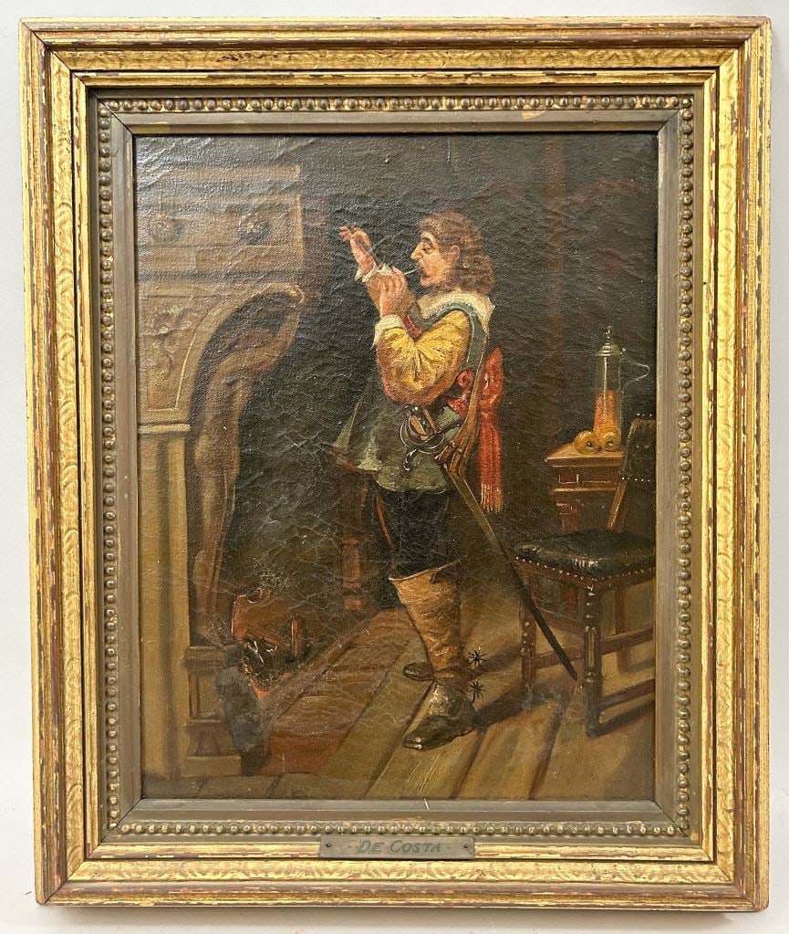 Antique Oil on Canvas Portrait Of A Man Lighting His Tobacco Pipe (1 of 5)