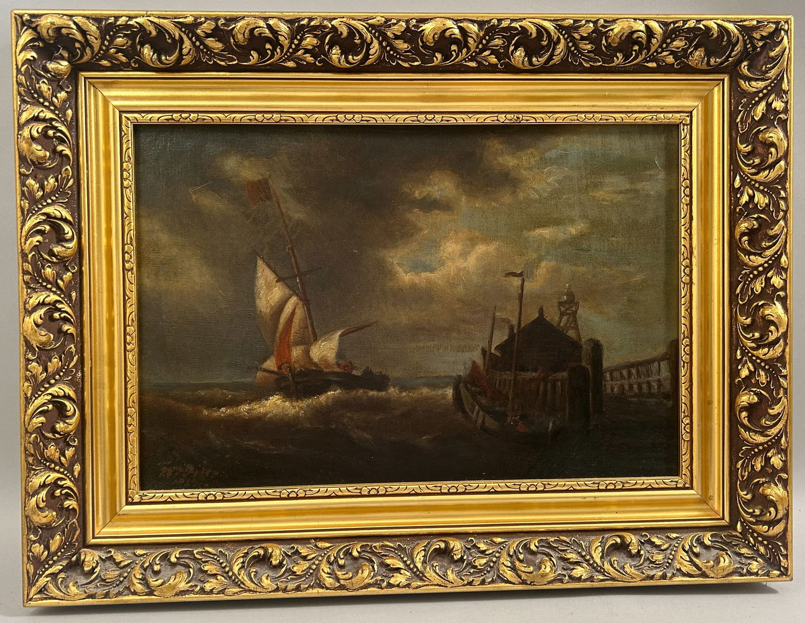 Antique Oil on Canvas Seascape Painting by W. Peter, 1915 (1 of 6)