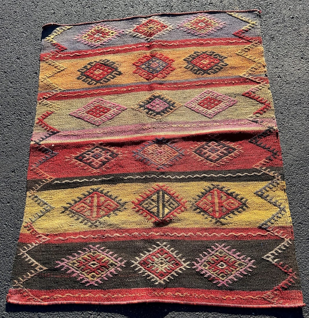 Vintage Handmade Turkish Area Kilim Rug: Vintage Handmade Turkish Area Rug, approximate size 54"l x 43''w