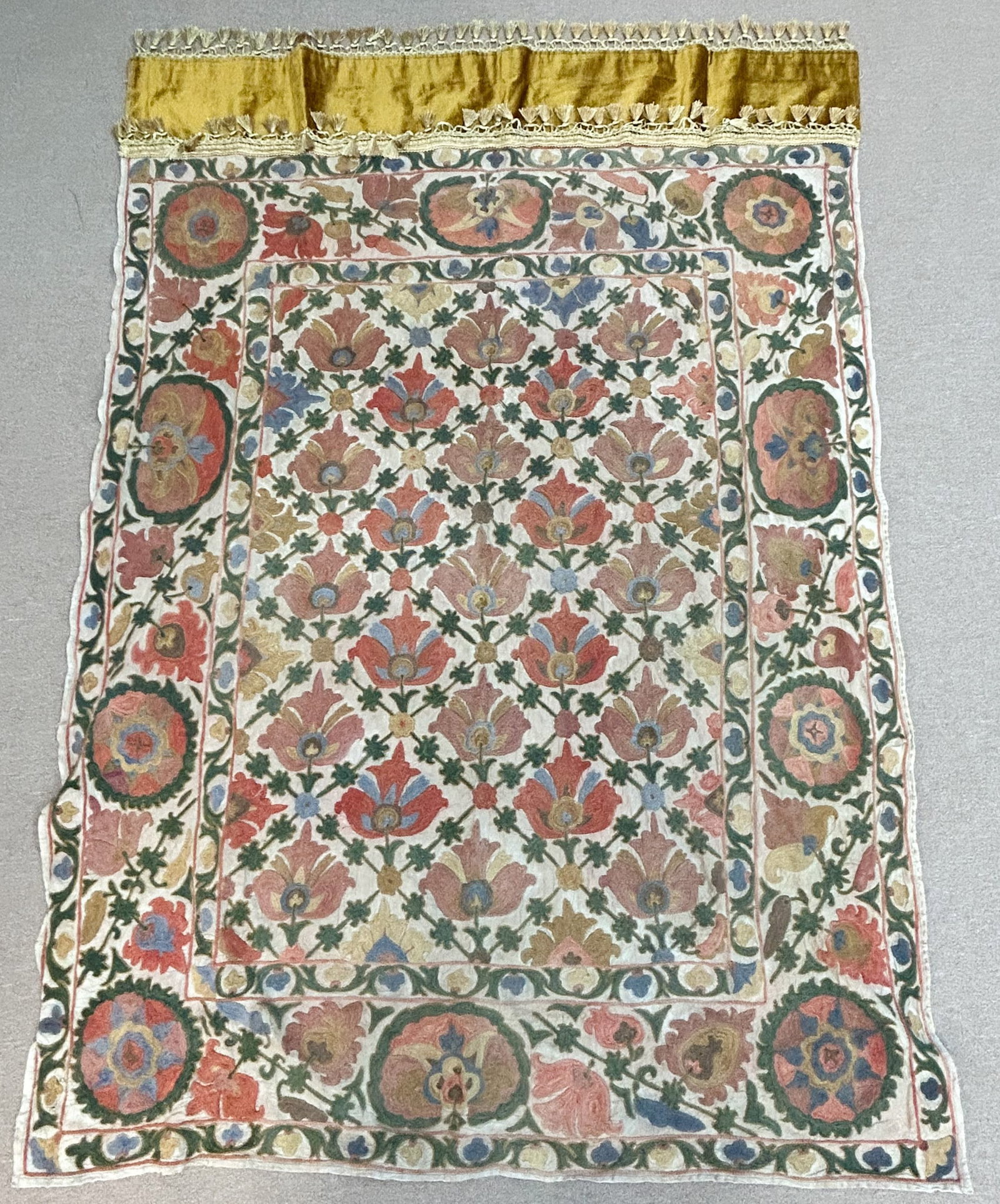 Vintage Embroidery Cotton and Silk Textile: Vintage Embroidery Cotton and Silk Textile, approximate size 52"H x 77"W