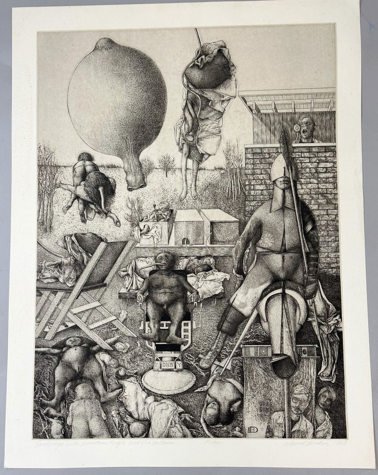Etching by David Becker Titled ''Landscape with Seventeen People and One Ballon '' (1 of 4)