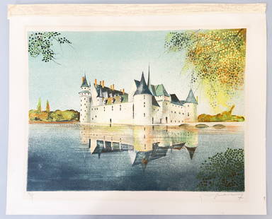 Vintage Print of a Castle in Seascape Lithograph: Castle in Seascape, Illegibly Pencil Signed at Lower Left, sight size 16.75''h x 20.5''w