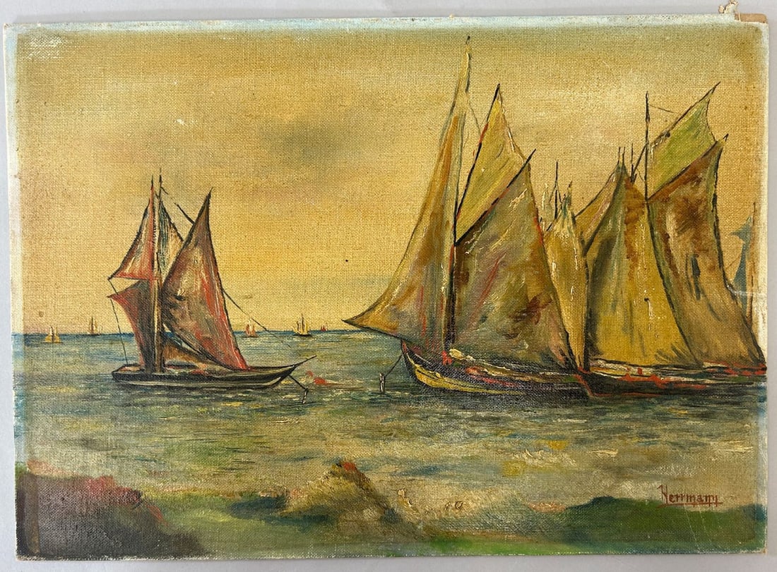 Oil on Canvas Board Seascape Painting by Hermann: Oil on Canvas Seascape Painting, Signed by Hermann at Lower Right, sight size 10''h x 14''w