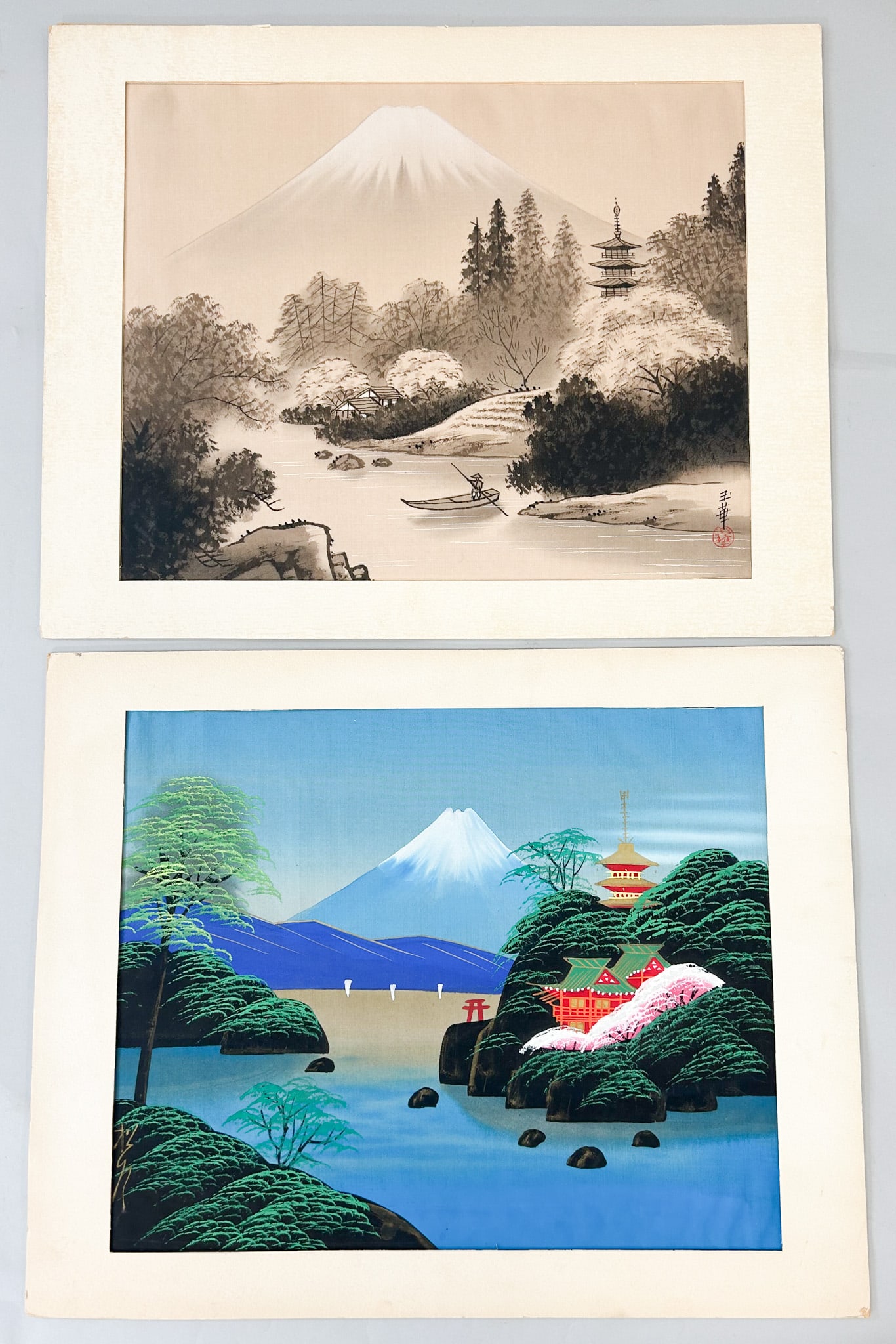 Group of (2) Vintage Japanese Mount Fuji Art Oil on Silk (1 of 5)