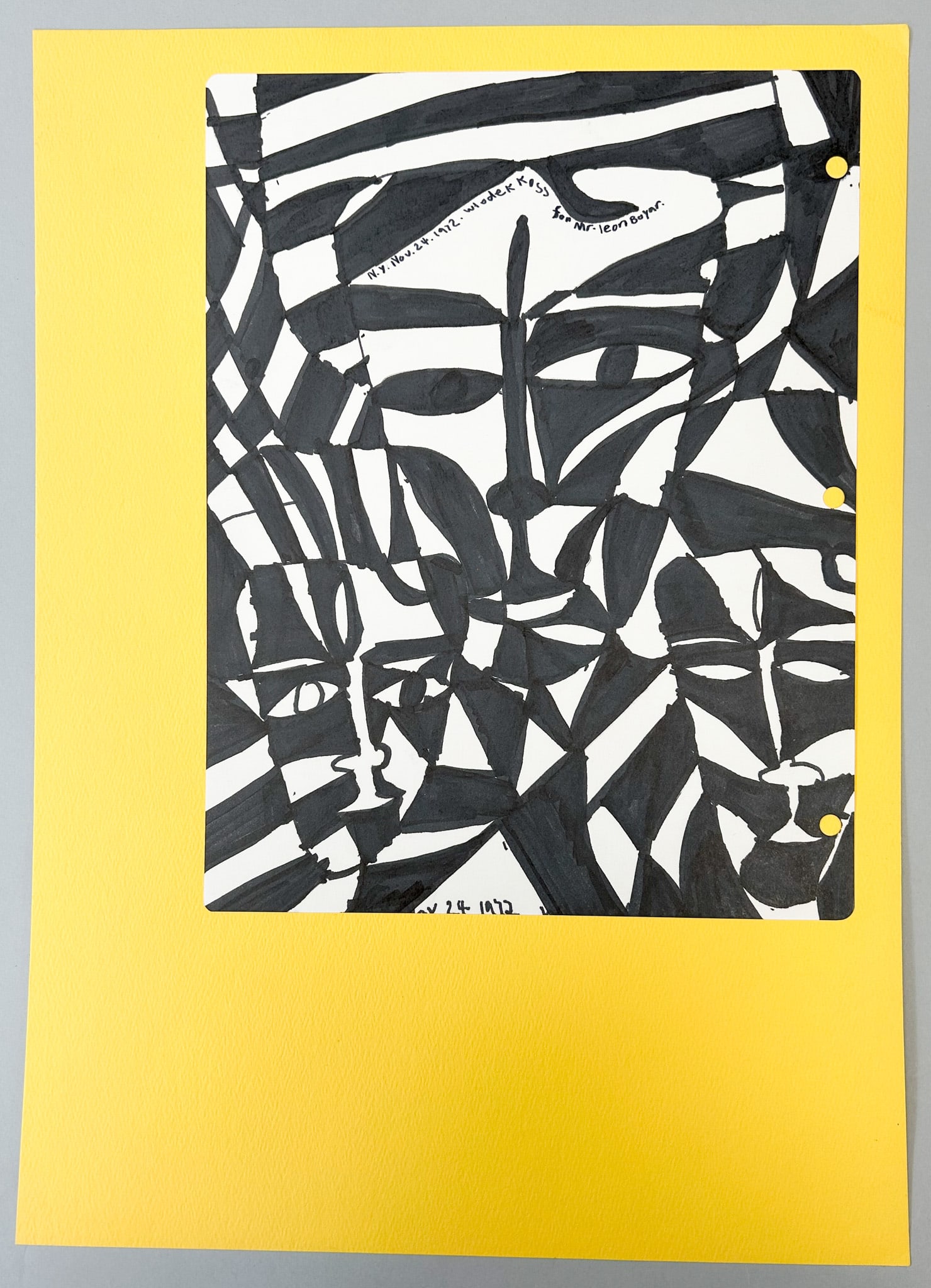 Modern Painting by Wlodek Koss: Modern art, N.Y. Nov. 24, 1972. Wlodek Koss, Dedicated to Mr. Leon Boyar, approximate size 11''h x 8.5''w