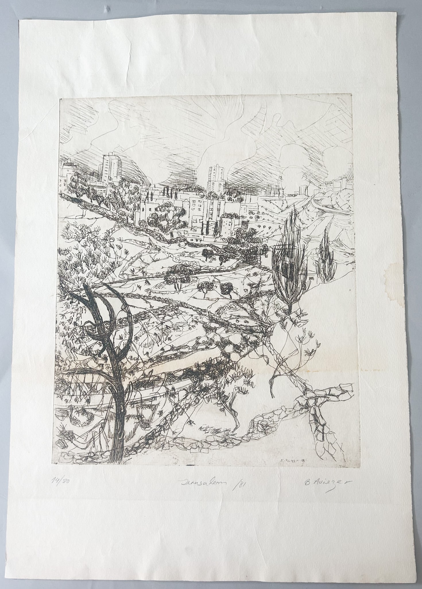 Landscape Cityscape Etching  by B. Aviezer Titled ''Jerusalem'' (1 of 5)
