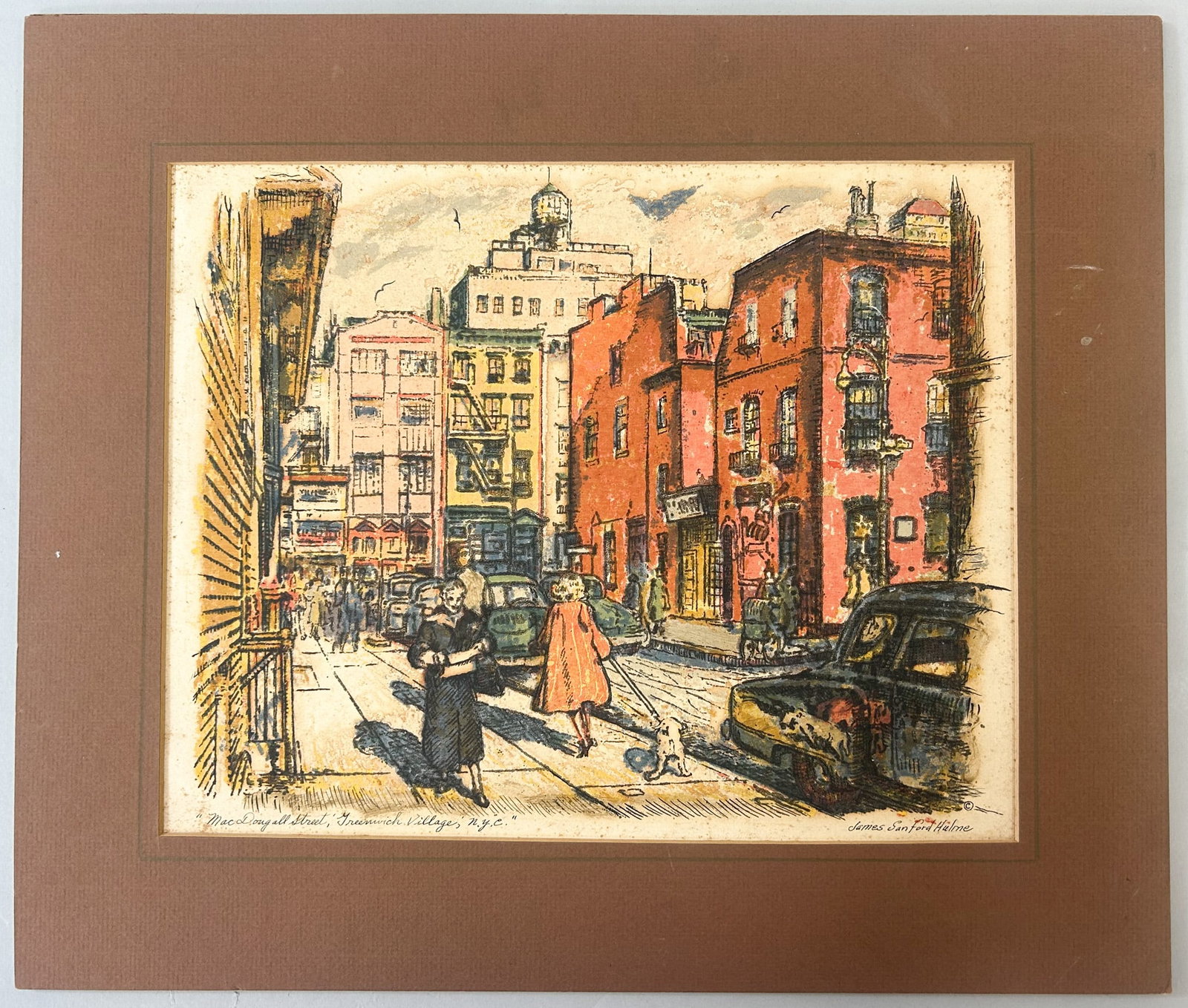 Cityscape Print by James Sanford Hulme, MacDougall Street, Greenwich Village, N.Y.C (1 of 5)