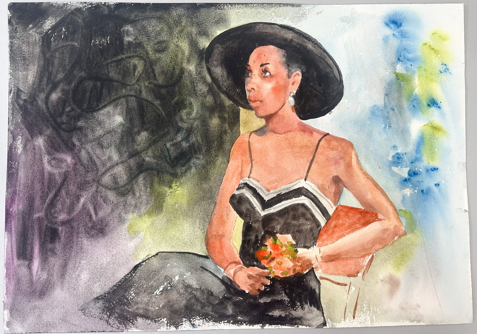 Watercolor on Paper Woman Portrait and Still Life Floral Painting (1 of 3)