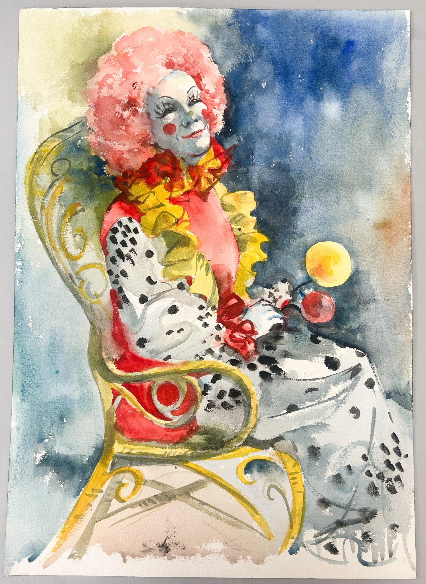 Watercolor on Paper Clown Portrait: Watercolor on Paper Clown Portrait, Unsigned, sight size 20''h x 14''w