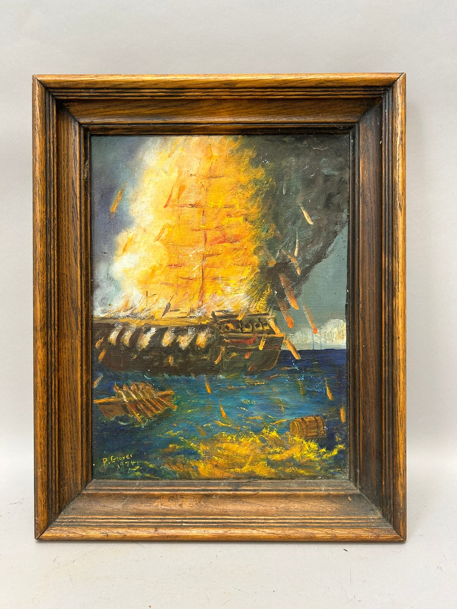 Vintage Oil on Canvas Burning Ship Scene by R. Glover: Vintage Seascape with A Burning Ship and Rescue Boats, Oil on Canvas by R. Glover, 1974, Frame: 19.5"h x 15.5"w - Sight : 15.5"h x 11.5"w