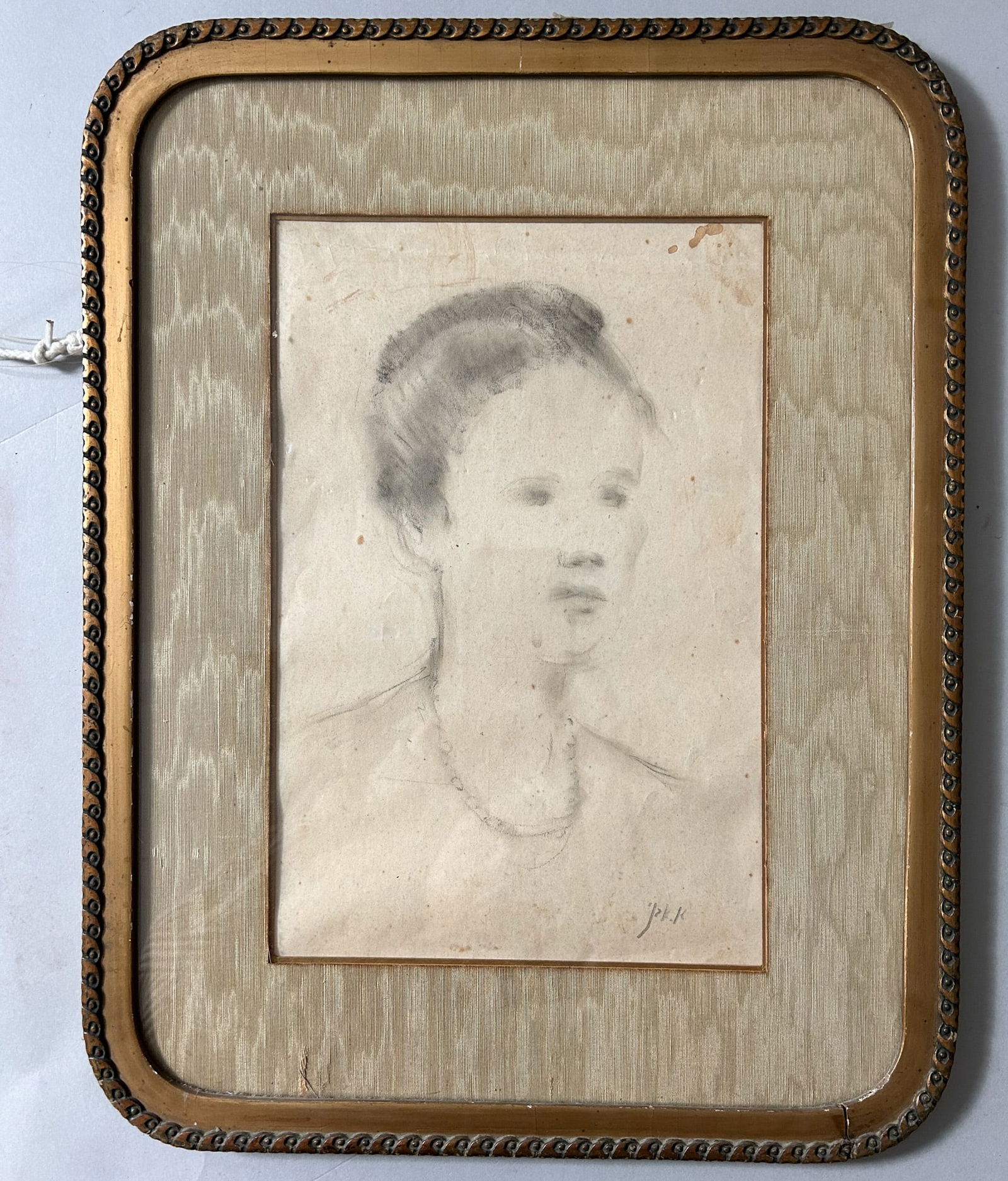 Antique Pencil Drawing on Paper Woman Portrait: Antique Framed Pencil Drawing on Paper Woman Portrait by J. K. K. ?, Frame bronze gilded in front, frame size 17.5''h x 13.5''w and sight size 11.5''h x 7.5''w